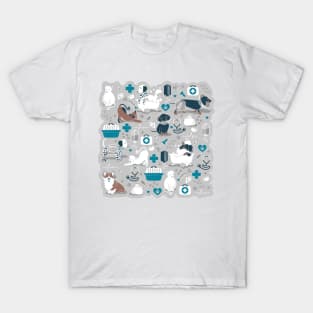 Veterinary medicine, happy and healthy friends // grey background turquoise details navy blue white and brown cats dogs and other animals T-Shirt